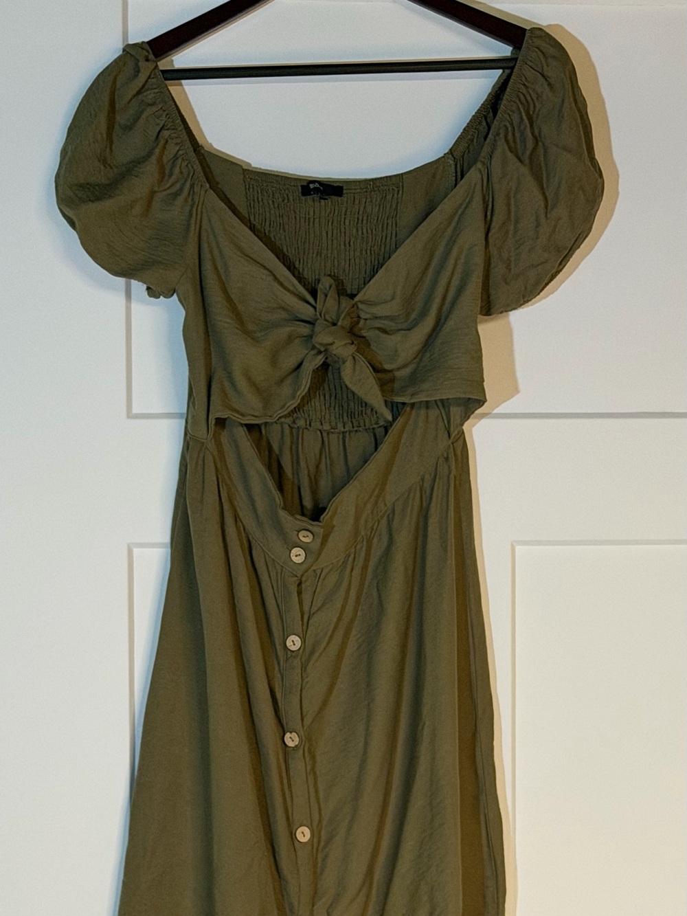 Blashe Knot-Front Olive Midi Dress with Cut Out and Puff Sleeves